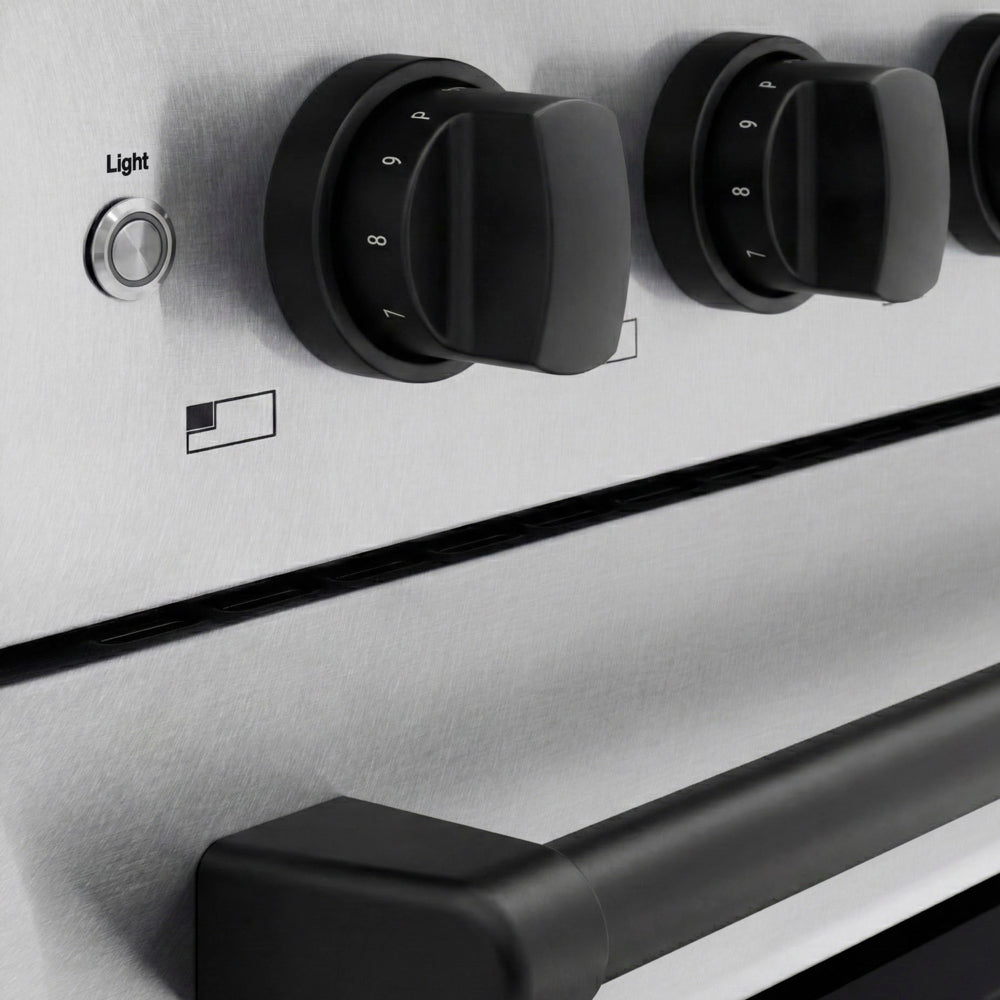 ZLINE Autograph Edition 48 in. 6.7 cu. ft. Paramount Induction Range with 7 Element Cooktop and Dual Ovens in Satin Stainless Steel with Matte Black Accents (SINRSZ-48-MB) close-up, control knobs.