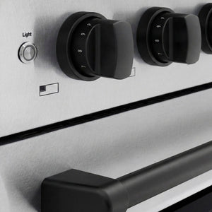 ZLINE Autograph Edition 48 in. 6.7 cu. ft. Paramount Induction Range with 7 Element Cooktop and Dual Ovens in Satin Stainless Steel with Matte Black Accents (SINRSZ-48-MB) close-up, control knobs.