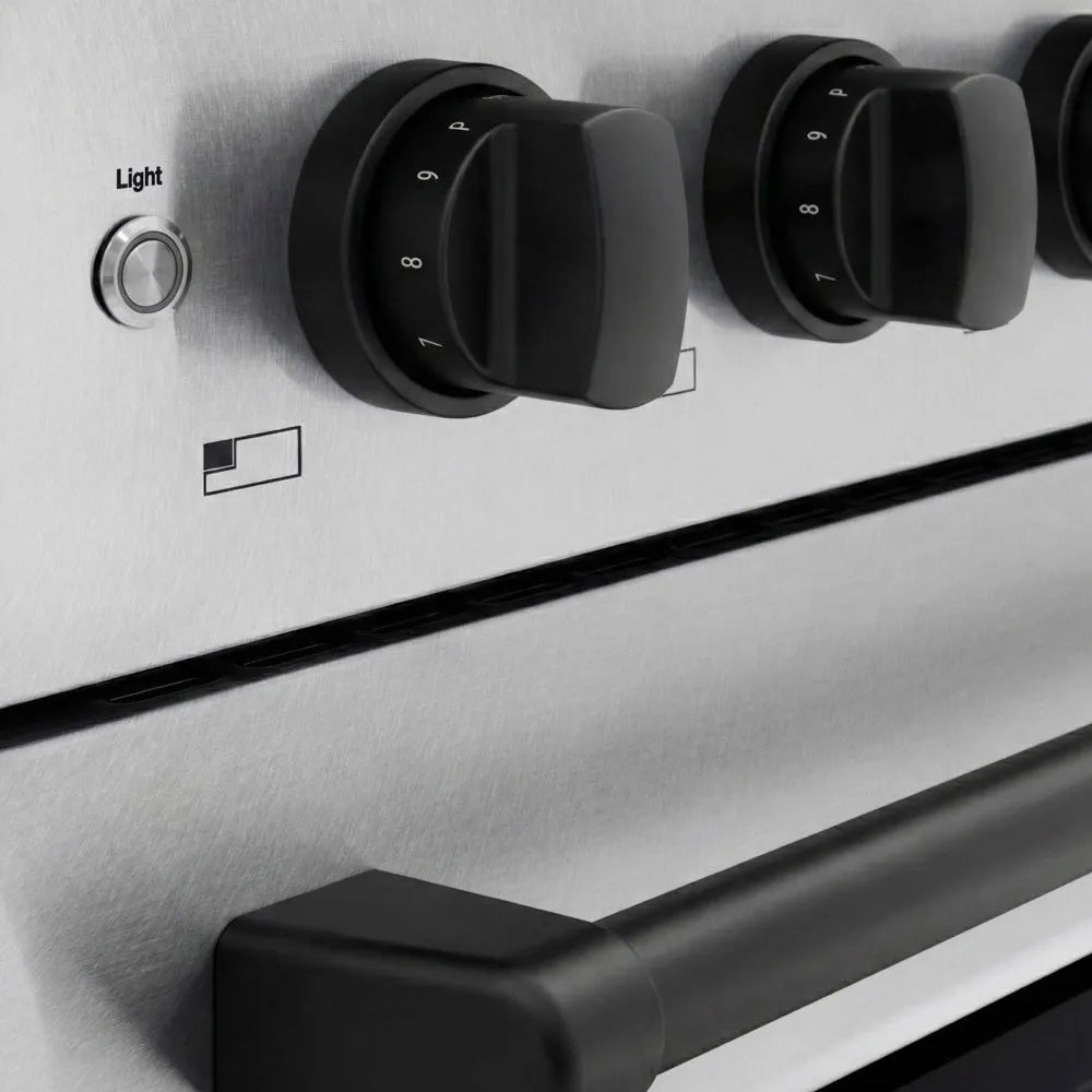 ZLINE Autograph Edition 48 in. 6.7 cu. ft. Paramount Induction Range with 7 Element Cooktop and Dual Ovens in Satin Stainless Steel with Matte Black Accents (SINRSZ-48-MB) close-up, control knobs.