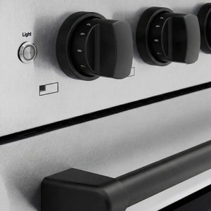 ZLINE Autograph Edition 48 in. 6.7 cu. ft. Paramount Induction Range with 7 Element Cooktop and Dual Ovens in Satin Stainless Steel with Matte Black Accents (SINRSZ-48-MB) close-up, control knobs.