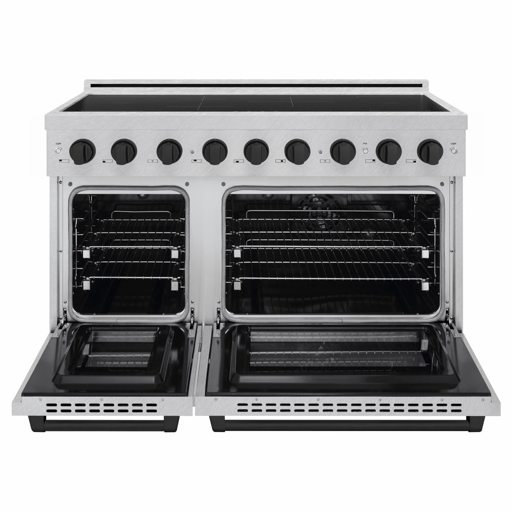 ZLINE Autograph Edition 48 in. 6.7 cu. ft. Paramount Induction Range with 7 Element Cooktop and Dual Ovens in Satin Stainless Steel with Matte Black Accents (SINRSZ-48-MB) front, dual electric oven open.