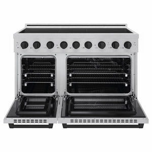 ZLINE Autograph Edition 48 in. 6.7 cu. ft. Paramount Induction Range with 7 Element Cooktop and Dual Ovens in Satin Stainless Steel with Matte Black Accents (SINRSZ-48-MB) front, dual electric oven open.
