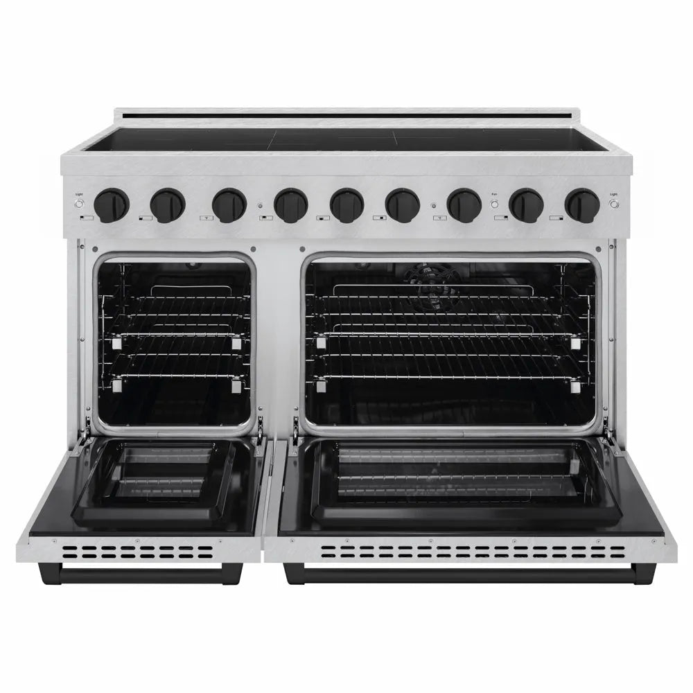 ZLINE Autograph Edition 48 in. 6.7 cu. ft. Paramount Induction Range with 7 Element Cooktop and Dual Ovens in Satin Stainless Steel with Matte Black Accents (SINRSZ-48-MB) front, dual electric oven open.