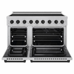 ZLINE Autograph Edition 48 in. 6.7 cu. ft. Paramount Induction Range with 7 Element Cooktop and Dual Ovens in Satin Stainless Steel with Matte Black Accents (SINRSZ-48-MB) front, dual electric oven open.