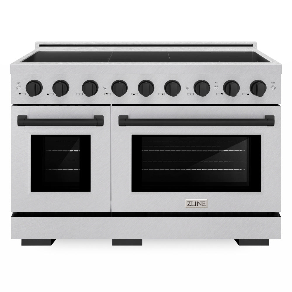 ZLINE Autograph Edition 48 in. 6.7 cu. ft. Paramount Induction Range with 7 Element Cooktop and Dual Ovens in Satin Stainless Steel with Matte Black Accents (SINRSZ-48-MB) front.
