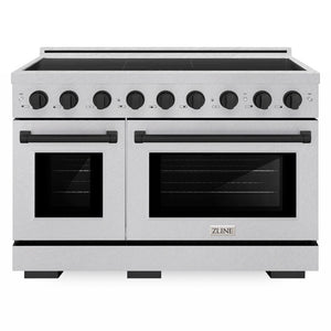 ZLINE Autograph Edition 48 in. 6.7 cu. ft. Paramount Induction Range with 7 Element Cooktop and Dual Ovens in Satin Stainless Steel with Matte Black Accents (SINRSZ-48-MB) front.