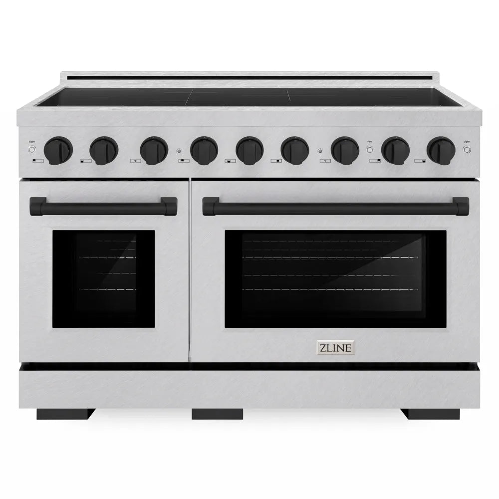 ZLINE Autograph Edition 48 in. 6.7 cu. ft. Paramount Induction Range with 7 Element Cooktop and Dual Ovens in Satin Stainless Steel with Matte Black Accents (SINRSZ-48-MB) front.