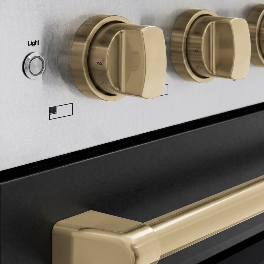 ZLINE Autograph Edition 48 in. 6.7 cu. ft. Paramount Induction Range with 7 Element Cooktop and Dual Ovens in Satin Stainless Steel with Black Matte Doors and Champagne Bronze Accents (SINRSZ-BLM48-CB) close-up, control knobs.
