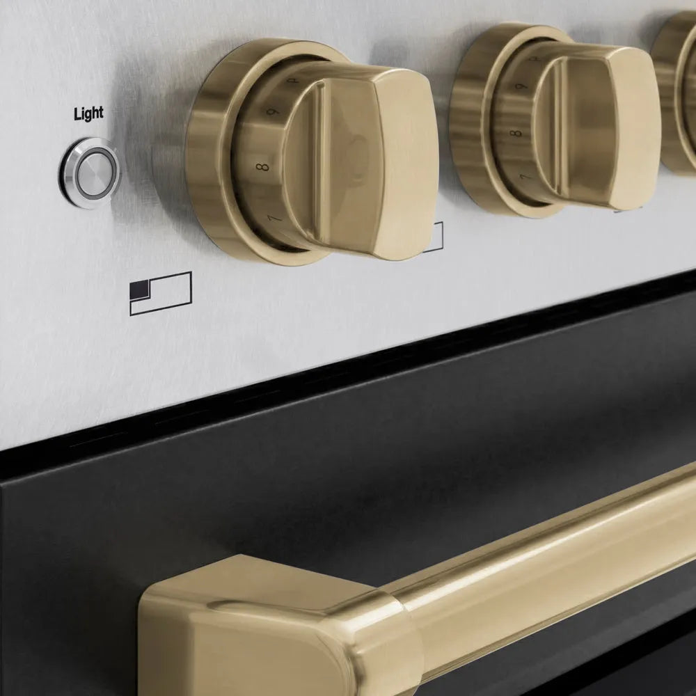 ZLINE Autograph Edition 48 in. 6.7 cu. ft. Paramount Induction Range with 7 Element Cooktop and Dual Ovens in Satin Stainless Steel with Black Matte Doors and Champagne Bronze Accents (SINRSZ-BLM48-CB) close-up, control knobs.