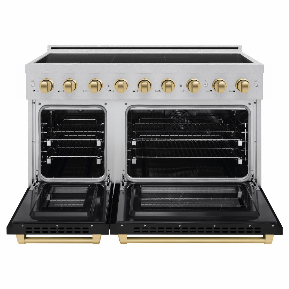 ZLINE Autograph Edition 48 in. 6.7 cu. ft. Paramount Induction Range with 7 Element Cooktop and Dual Ovens in Satin Stainless Steel with Black Matte Doors and Champagne Bronze Accents (SINRSZ-BLM48-CB) front, dual electric oven open.