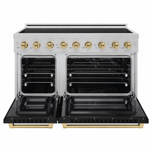 ZLINE Autograph Edition 48 in. 6.7 cu. ft. Paramount Induction Range with 7 Element Cooktop and Dual Ovens in Satin Stainless Steel with Black Matte Doors and Champagne Bronze Accents (SINRSZ-BLM48-CB) front, dual electric oven open.