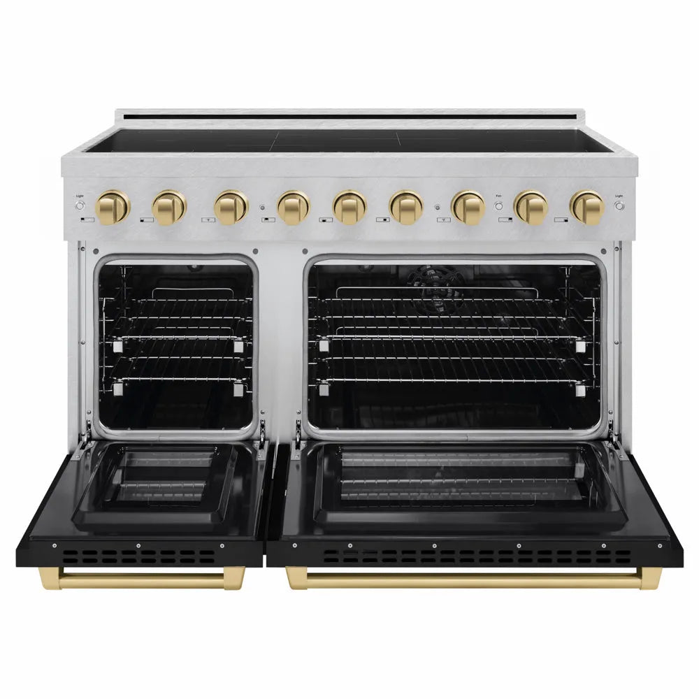 ZLINE Autograph Edition 48 in. 6.7 cu. ft. Paramount Induction Range with 7 Element Cooktop and Dual Ovens in Satin Stainless Steel with Black Matte Doors and Champagne Bronze Accents (SINRSZ-BLM48-CB) front, dual electric oven open.