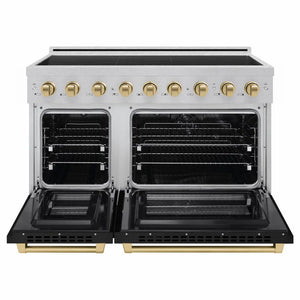 ZLINE Autograph Edition 48 in. 6.7 cu. ft. Paramount Induction Range with 7 Element Cooktop and Dual Ovens in Satin Stainless Steel with Black Matte Doors and Champagne Bronze Accents (SINRSZ-BLM48-CB) front, dual electric oven open.