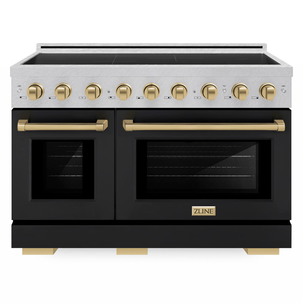 ZLINE Autograph Edition 48 in. 6.7 cu. ft. Paramount Induction Range with 7 Element Cooktop and Dual Ovens in Satin Stainless Steel with Black Matte Doors and Champagne Bronze Accents (SINRSZ-BLM48-CB) front.