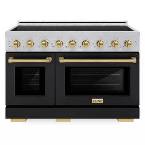 ZLINE Autograph Edition 48 in. 6.7 cu. ft. Paramount Induction Range with 7 Element Cooktop and Dual Ovens in Satin Stainless Steel with Black Matte Doors and Champagne Bronze Accents (SINRSZ-BLM48-CB) front.