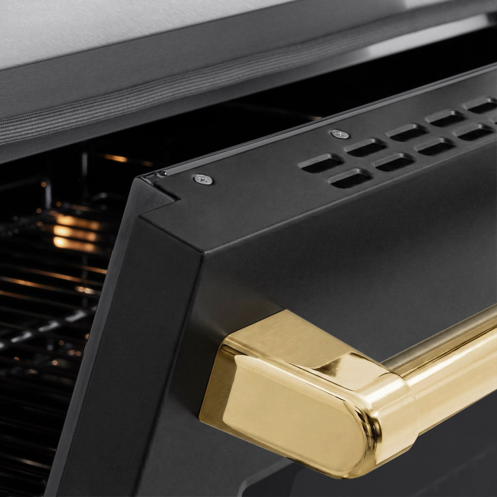 ZLINE Autograph Edition 48 in. 6.7 cu. ft. Paramount Induction Range with 7 Element Cooktop and Dual Ovens in Satin Stainless Steel with Black Matte Doors and Polished Gold Accents (SINRSZ-BLM48-G) close-up, oven door handle.