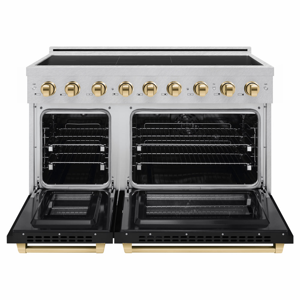ZLINE Autograph Edition 48 in. 6.7 cu. ft. Paramount Induction Range with 7 Element Cooktop and Dual Ovens in Satin Stainless Steel with Black Matte Doors and Polished Gold Accents (SINRSZ-BLM48-G) front, dual electric oven open.