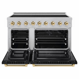 ZLINE Autograph Edition 48 in. 6.7 cu. ft. Paramount Induction Range with 7 Element Cooktop and Dual Ovens in Satin Stainless Steel with Black Matte Doors and Polished Gold Accents (SINRSZ-BLM48-G) front, dual electric oven open.