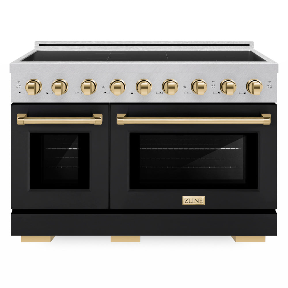 ZLINE Autograph Edition 48 in. 6.7 cu. ft. Paramount Induction Range with 7 Element Cooktop and Dual Ovens in Satin Stainless Steel with Black Matte Doors and Polished Gold Accents (SINRSZ-BLM48-G) front.