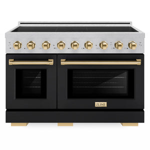 ZLINE Autograph Edition 48 in. 6.7 cu. ft. Paramount Induction Range with 7 Element Cooktop and Dual Ovens in Satin Stainless Steel with Black Matte Doors and Polished Gold Accents (SINRSZ-BLM48-G) front.