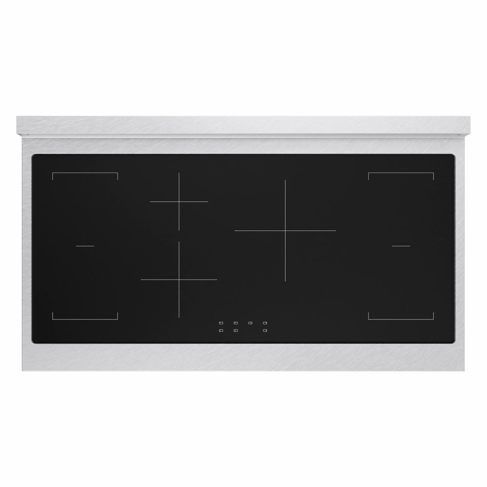 ZLINE Autograph Edition 48 in. 6.7 cu. ft. Paramount Induction Range with 7 Element Cooktop and Dual Ovens in Satin Stainless Steel with Black Matte Doors and Polished Gold Accents (SINRSZ-BLM48-G) top-down, above cooking surface.
