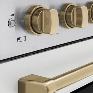 ZLINE Autograph Edition 48 in. 6.7 cu. ft. Paramount Induction Range with 7 Element Cooktop and Dual Ovens in Satin Stainless Steel with White Matte Doors and Champagne Bronze Accents (SINRSZ-WM-48-CB) close-up, control knobs.