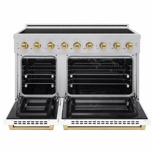 ZLINE Autograph Edition 48 in. 6.7 cu. ft. Paramount Induction Range with 7 Element Cooktop and Dual Ovens in Satin Stainless Steel with White Matte Doors and Champagne Bronze Accents (SINRSZ-WM-48-CB) front, dual electric oven open.