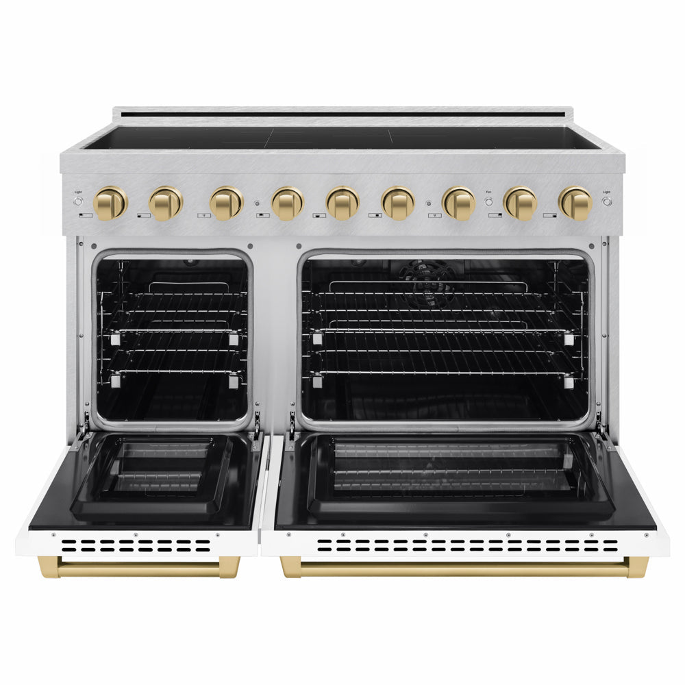 ZLINE Autograph Edition 48 in. 6.7 cu. ft. Paramount Induction Range with 7 Element Cooktop and Dual Ovens in Satin Stainless Steel with White Matte Doors and Champagne Bronze Accents (SINRSZ-WM-48-CB) front, dual electric oven open.