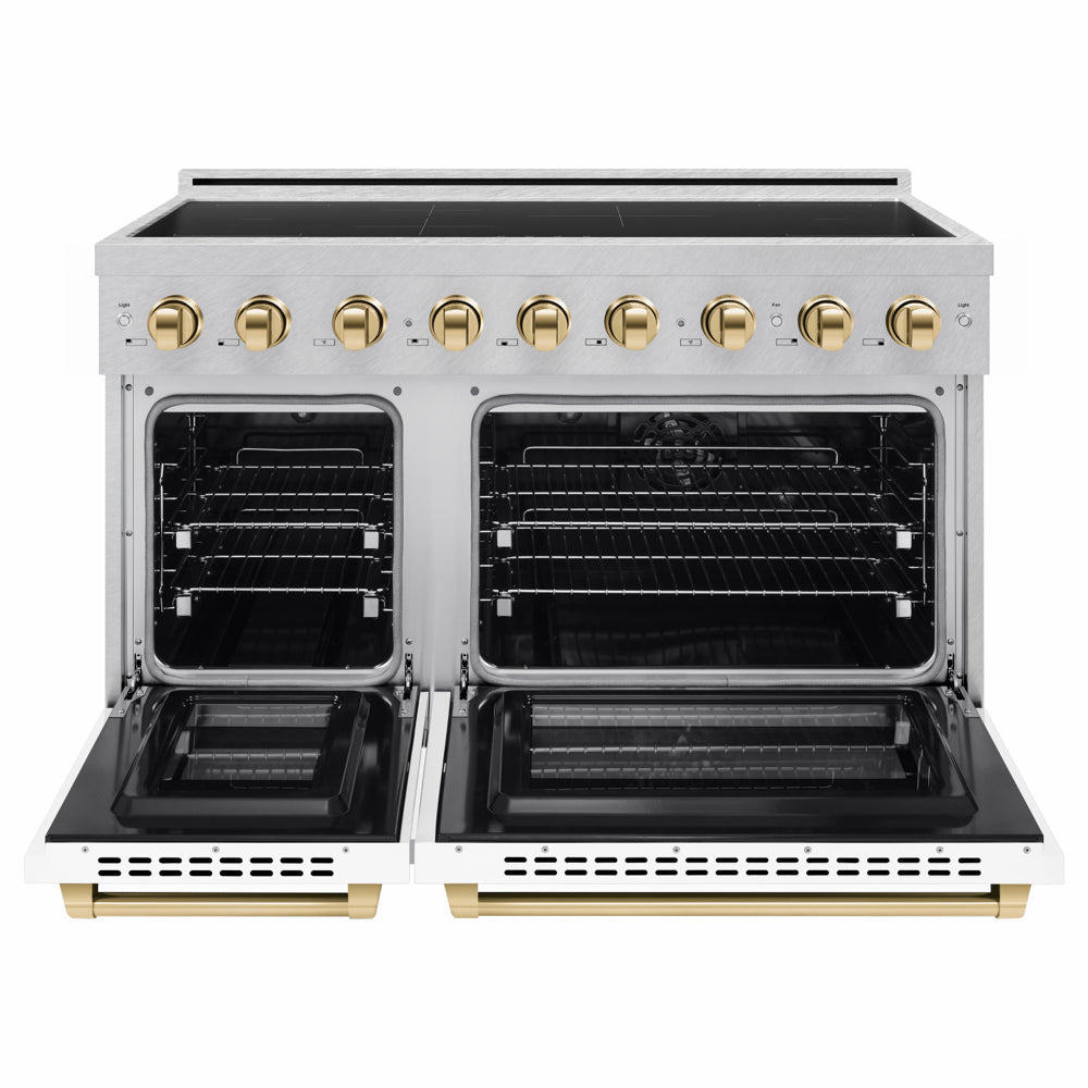 ZLINE Autograph Edition 48 in. 6.7 cu. ft. Paramount Induction Range with 7 Element Cooktop and Dual Ovens in Satin Stainless Steel with White Matte Doors and Polished Gold Accents (SINRSZ-WM-48-G) front, dual electric oven open.