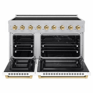 ZLINE Autograph Edition 48 in. 6.7 cu. ft. Paramount Induction Range with 7 Element Cooktop and Dual Ovens in Satin Stainless Steel with White Matte Doors and Polished Gold Accents (SINRSZ-WM-48-G) front, dual electric oven open.