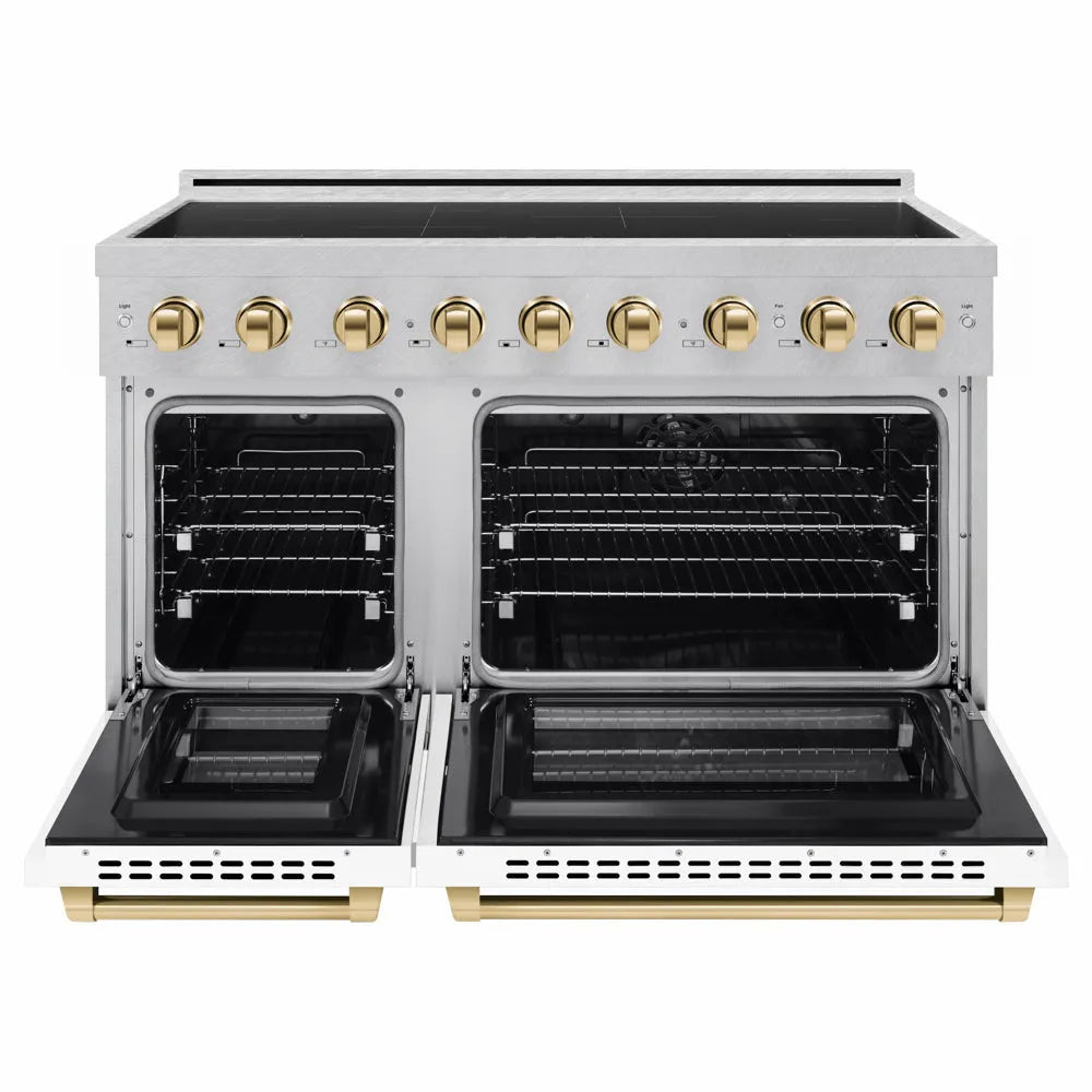 ZLINE Autograph Edition 48 in. 6.7 cu. ft. Paramount Induction Range with 7 Element Cooktop and Dual Ovens in Satin Stainless Steel with White Matte Doors and Polished Gold Accents (SINRSZ-WM-48-G) front, dual electric oven open.