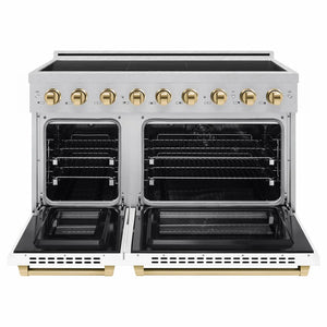 ZLINE Autograph Edition 48 in. 6.7 cu. ft. Paramount Induction Range with 7 Element Cooktop and Dual Ovens in Satin Stainless Steel with White Matte Doors and Polished Gold Accents (SINRSZ-WM-48-G) front, dual electric oven open.