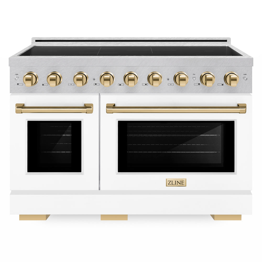 ZLINE Autograph Edition 48 in. 6.7 cu. ft. Paramount Induction Range with 7 Element Cooktop and Dual Ovens in Satin Stainless Steel with White Matte Doors and Polished Gold Accents (SINRSZ-WM-48-G) front.
