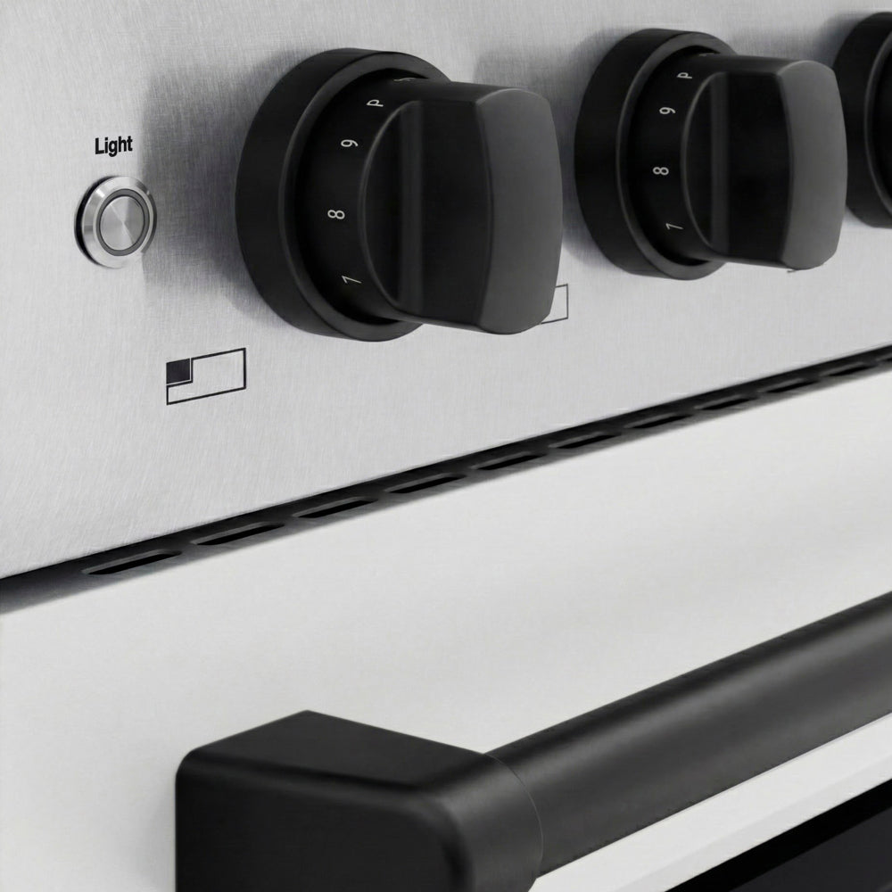 ZLINE Autograph Edition 48 in. 6.7 cu. ft. Paramount Induction Range with 7 Element Cooktop and Dual Ovens in Satin Stainless Steel with White Matte Doors and Matte Black Accents (SINRSZ-WM-48-MB) close-up, control knobs.
