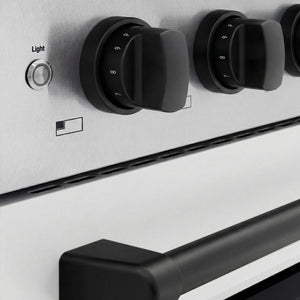 ZLINE Autograph Edition 48 in. 6.7 cu. ft. Paramount Induction Range with 7 Element Cooktop and Dual Ovens in Satin Stainless Steel with White Matte Doors and Matte Black Accents (SINRSZ-WM-48-MB) close-up, control knobs.