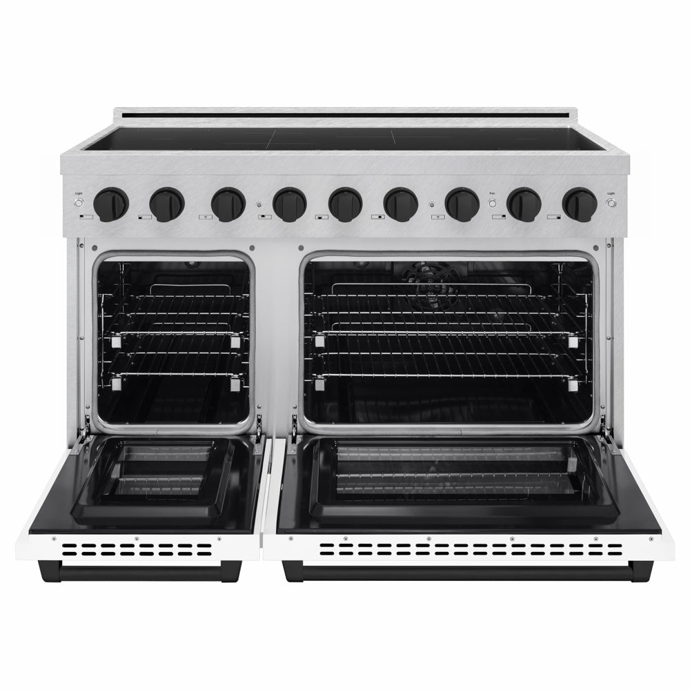 ZLINE Autograph Edition 48 in. 6.7 cu. ft. Paramount Induction Range with 7 Element Cooktop and Dual Ovens in Satin Stainless Steel with White Matte Doors and Matte Black Accents (SINRSZ-WM-48-MB) front, dual electric oven open.