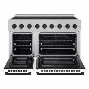 ZLINE Autograph Edition 48 in. 6.7 cu. ft. Paramount Induction Range with 7 Element Cooktop and Dual Ovens in Satin Stainless Steel with White Matte Doors and Matte Black Accents (SINRSZ-WM-48-MB) front, dual electric oven open.