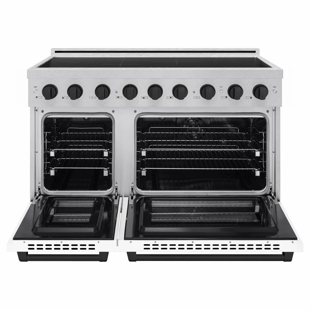 ZLINE Autograph Edition 48 in. 6.7 cu. ft. Paramount Induction Range with 7 Element Cooktop and Dual Ovens in Satin Stainless Steel with White Matte Doors and Matte Black Accents (SINRSZ-WM-48-MB) front, dual electric oven open.