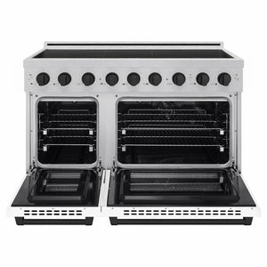 ZLINE Autograph Edition 48 in. 6.7 cu. ft. Paramount Induction Range with 7 Element Cooktop and Dual Ovens in Satin Stainless Steel with White Matte Doors and Matte Black Accents (SINRSZ-WM-48-MB) front, dual electric oven open.