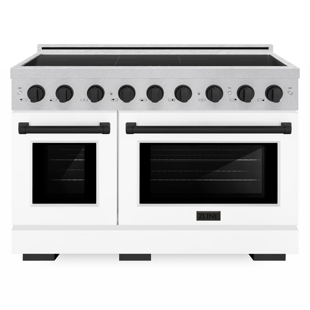ZLINE Autograph Edition 48 in. 6.7 cu. ft. Paramount Induction Range with 7 Element Cooktop and Dual Ovens in Satin Stainless Steel with White Matte Doors and Matte Black Accents (SINRSZ-WM-48-MB) front.