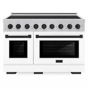 ZLINE Autograph Edition 48 in. 6.7 cu. ft. Paramount Induction Range with 7 Element Cooktop and Dual Ovens in Satin Stainless Steel with White Matte Doors and Matte Black Accents (SINRSZ-WM-48-MB) front.