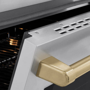ZLINE Autograph Edition 48 in. 6.7 cu. ft. Paramount Induction Range with 7 Element Cooktop and Dual Ovens in Stainless Steel with Champagne Bronze Accents (SINRZ-48-CB) close-up, oven door handle.