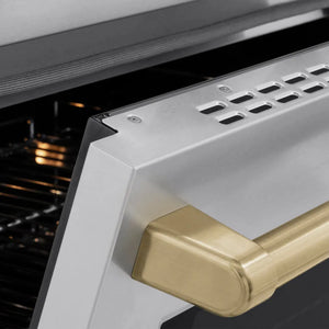 ZLINE Autograph Edition 48 in. 6.7 cu. ft. Paramount Induction Range with 7 Element Cooktop and Dual Ovens in Stainless Steel with Champagne Bronze Accents (SINRZ-48-CB) close-up, oven door handle.