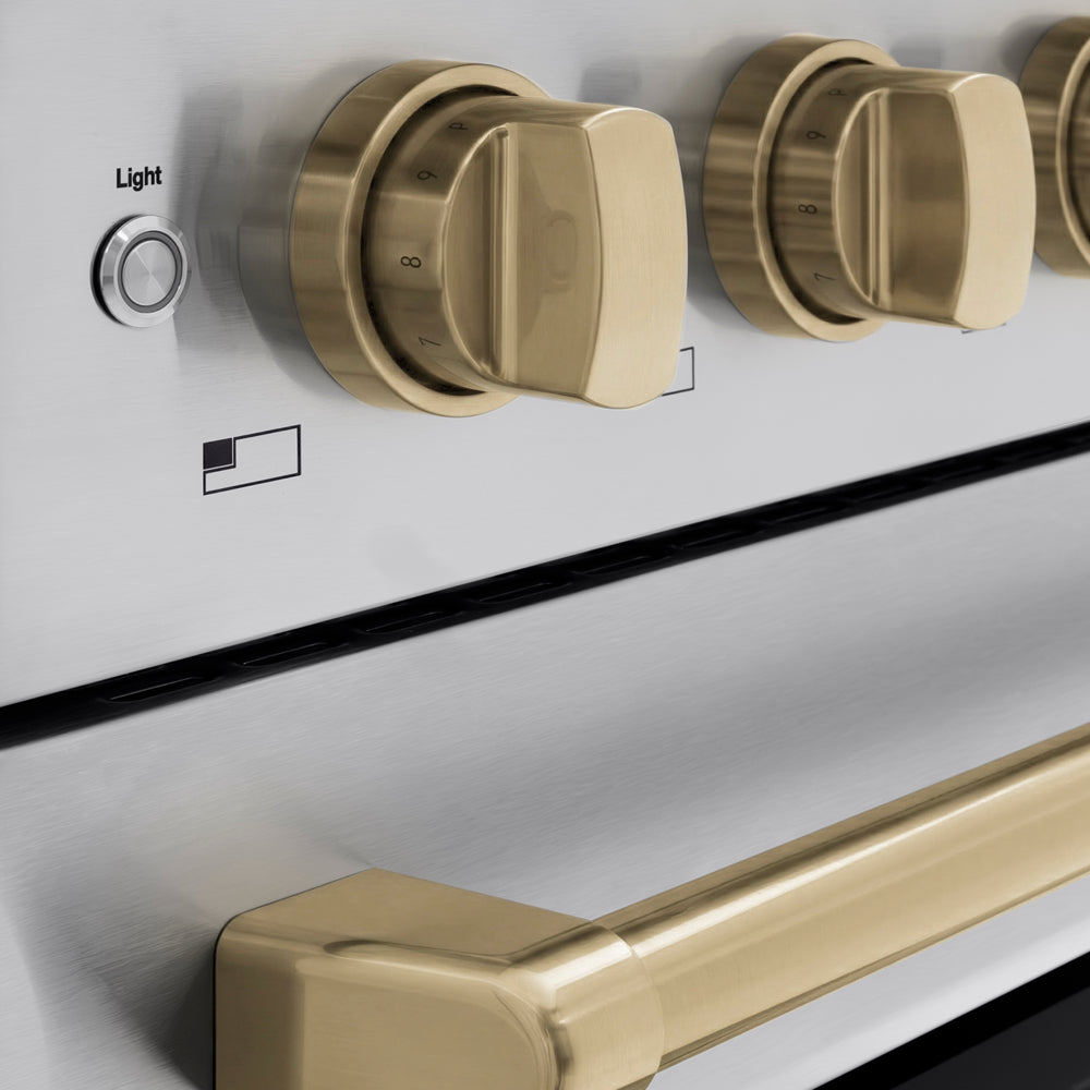 ZLINE Autograph Edition 48 in. 6.7 cu. ft. Paramount Induction Range with 7 Element Cooktop and Dual Ovens in Stainless Steel with Champagne Bronze Accents (SINRZ-48-CB) close-up, control knobs.
