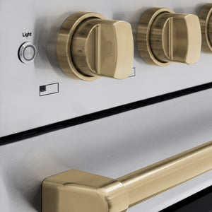 ZLINE Autograph Edition 48 in. 6.7 cu. ft. Paramount Induction Range with 7 Element Cooktop and Dual Ovens in Stainless Steel with Champagne Bronze Accents (SINRZ-48-CB) close-up, control knobs.