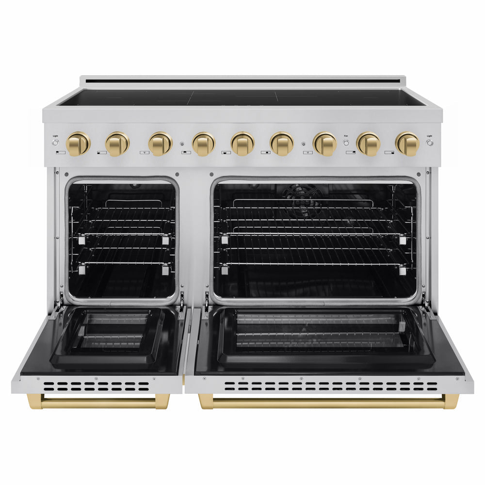 ZLINE Autograph Edition 48 in. 6.7 cu. ft. Paramount Induction Range with 7 Element Cooktop and Dual Ovens in Stainless Steel with Champagne Bronze Accents (SINRZ-48-CB) front, dual electric oven open.