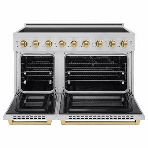 ZLINE Autograph Edition 48 in. 6.7 cu. ft. Paramount Induction Range with 7 Element Cooktop and Dual Ovens in Stainless Steel with Champagne Bronze Accents (SINRZ-48-CB) front, dual electric oven open.
