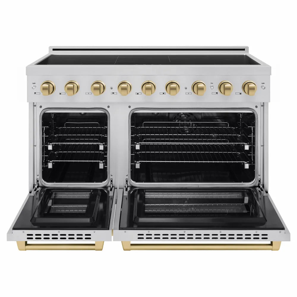 ZLINE Autograph Edition 48 in. 6.7 cu. ft. Paramount Induction Range with 7 Element Cooktop and Dual Ovens in Stainless Steel with Champagne Bronze Accents (SINRZ-48-CB) front, dual electric oven open.