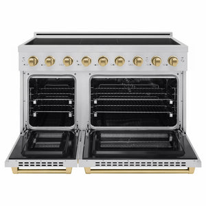 ZLINE Autograph Edition 48 in. 6.7 cu. ft. Paramount Induction Range with 7 Element Cooktop and Dual Ovens in Stainless Steel with Champagne Bronze Accents (SINRZ-48-CB) front, dual electric oven open.