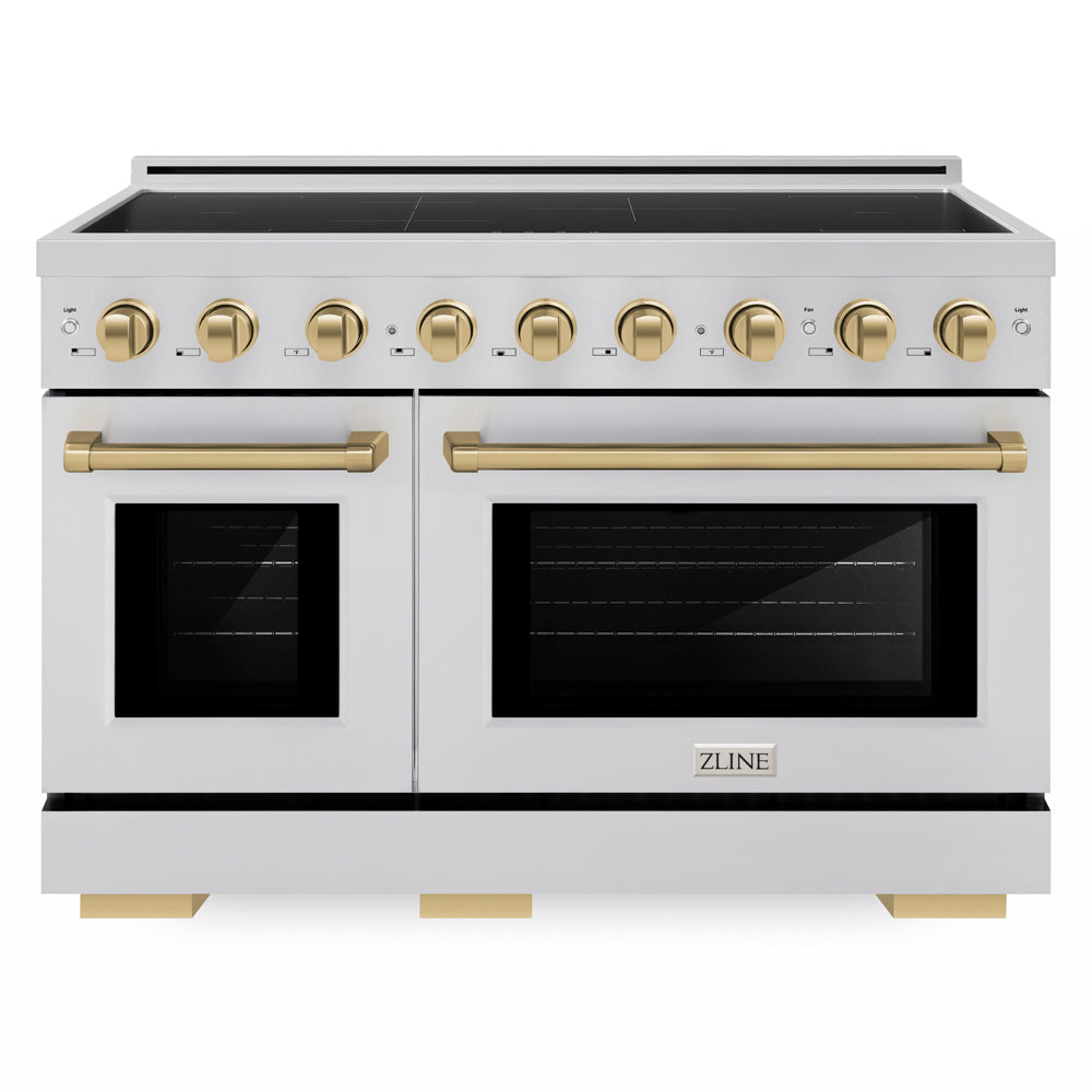 ZLINE Autograph Edition 48 in. 6.7 cu. ft. Paramount Induction Range with 7 Element Cooktop and Dual Ovens in Stainless Steel with Champagne Bronze Accents (SINRZ-48-CB) front.